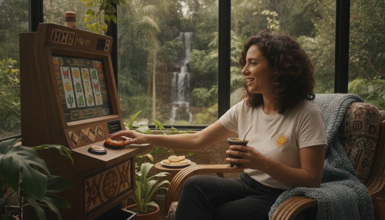 Mujer argentina disfrutando de tragamonedas en línea